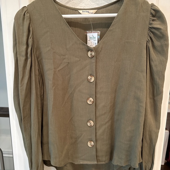 Rockettes Olive Button-Front Blouse with Puff Sleeves & Tie Cuffs | Size XS - Picture 2 of 4